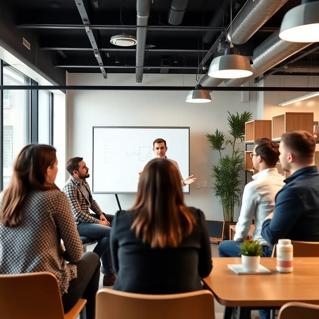 Ondernemer die een presentatie geeft aan een team