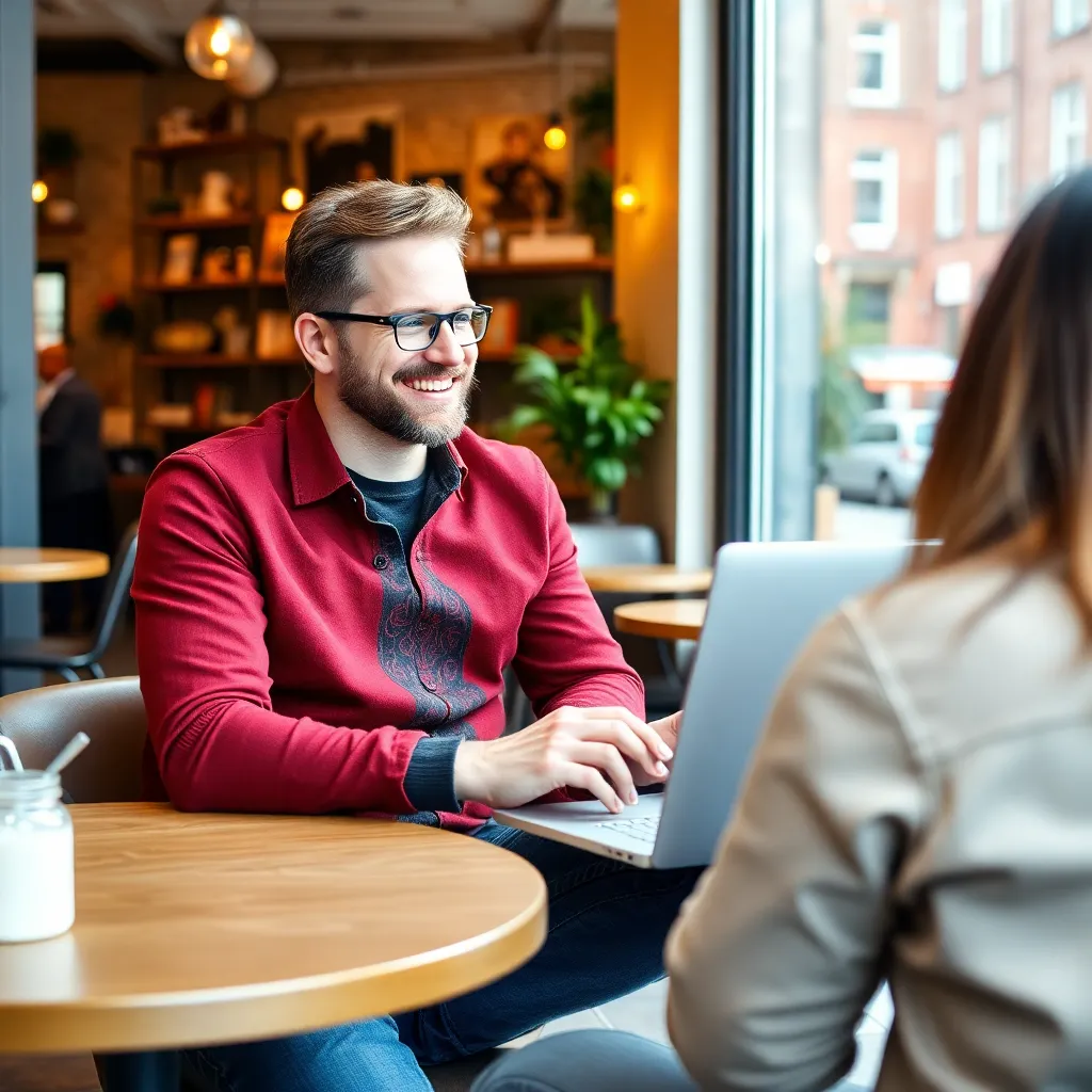 Ondernemer die digitaal netwerkt via een laptop in een Nederlands café
