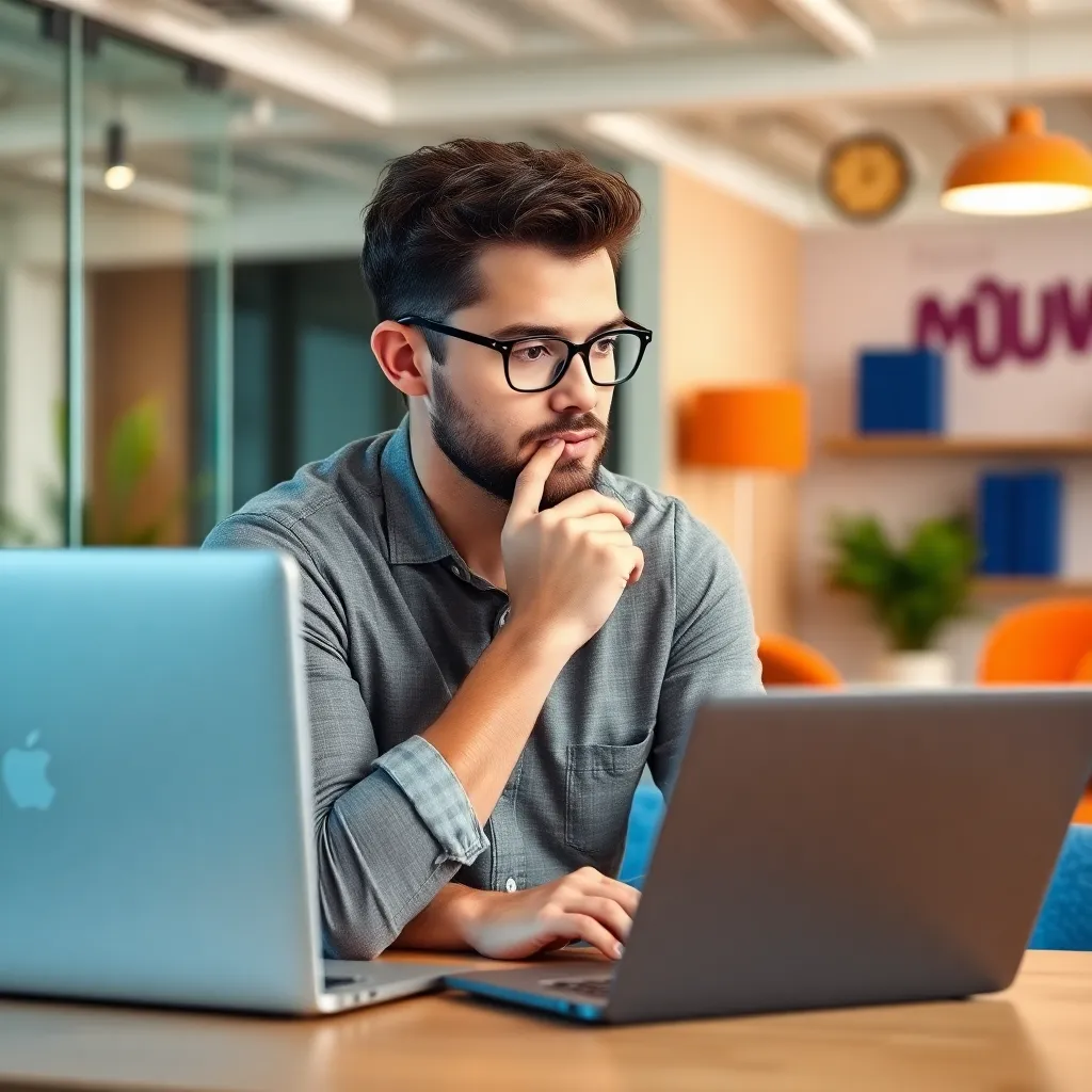 Nederlandse ondernemer die creatief denkt met innovatieve ideeën rond een laptop