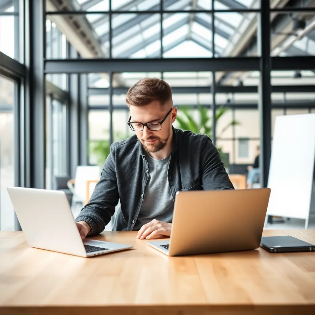 Een ondernemer werkt aan zijn startup in een modern Nederlands kantoor