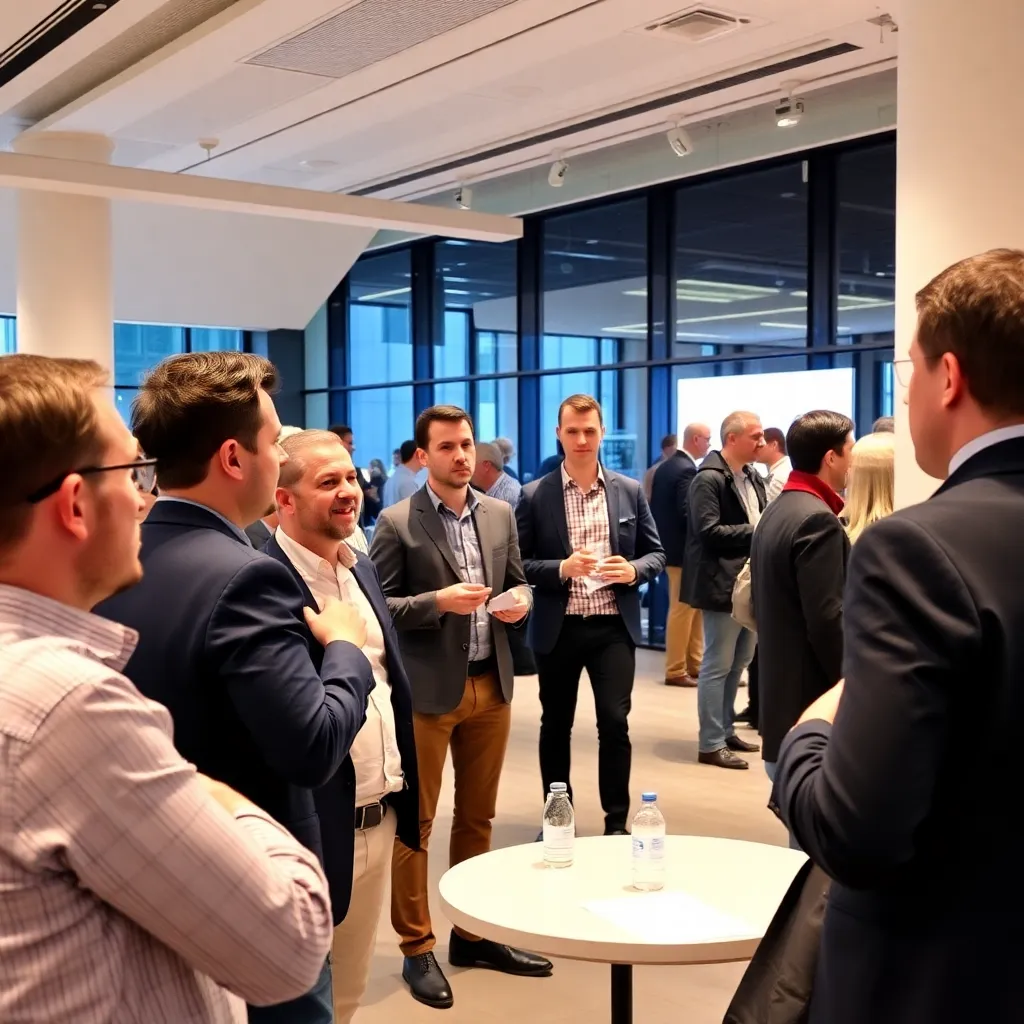 Nederlandse ondernemers tijdens een netwerkborrel in een moderne locatie